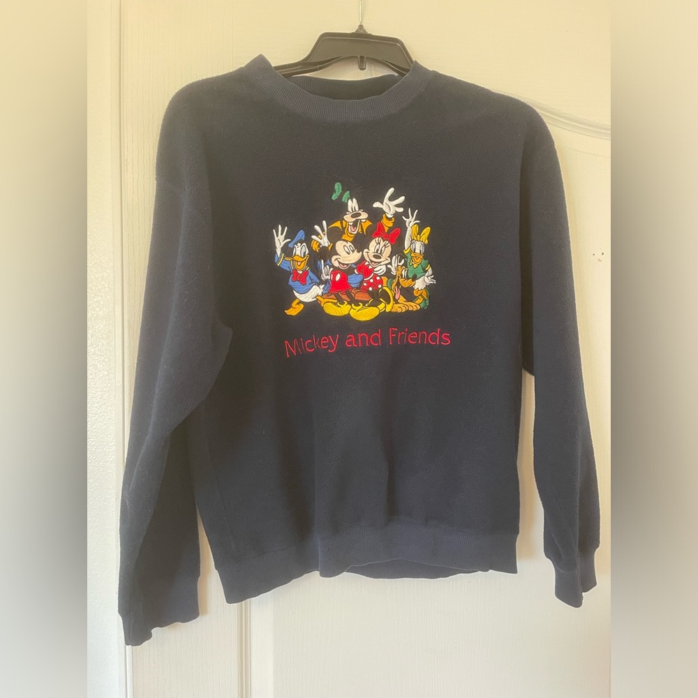 Vintage Embroidered Mickey and Friends Disney Fleece Pullover Jacket/ Navy Blue